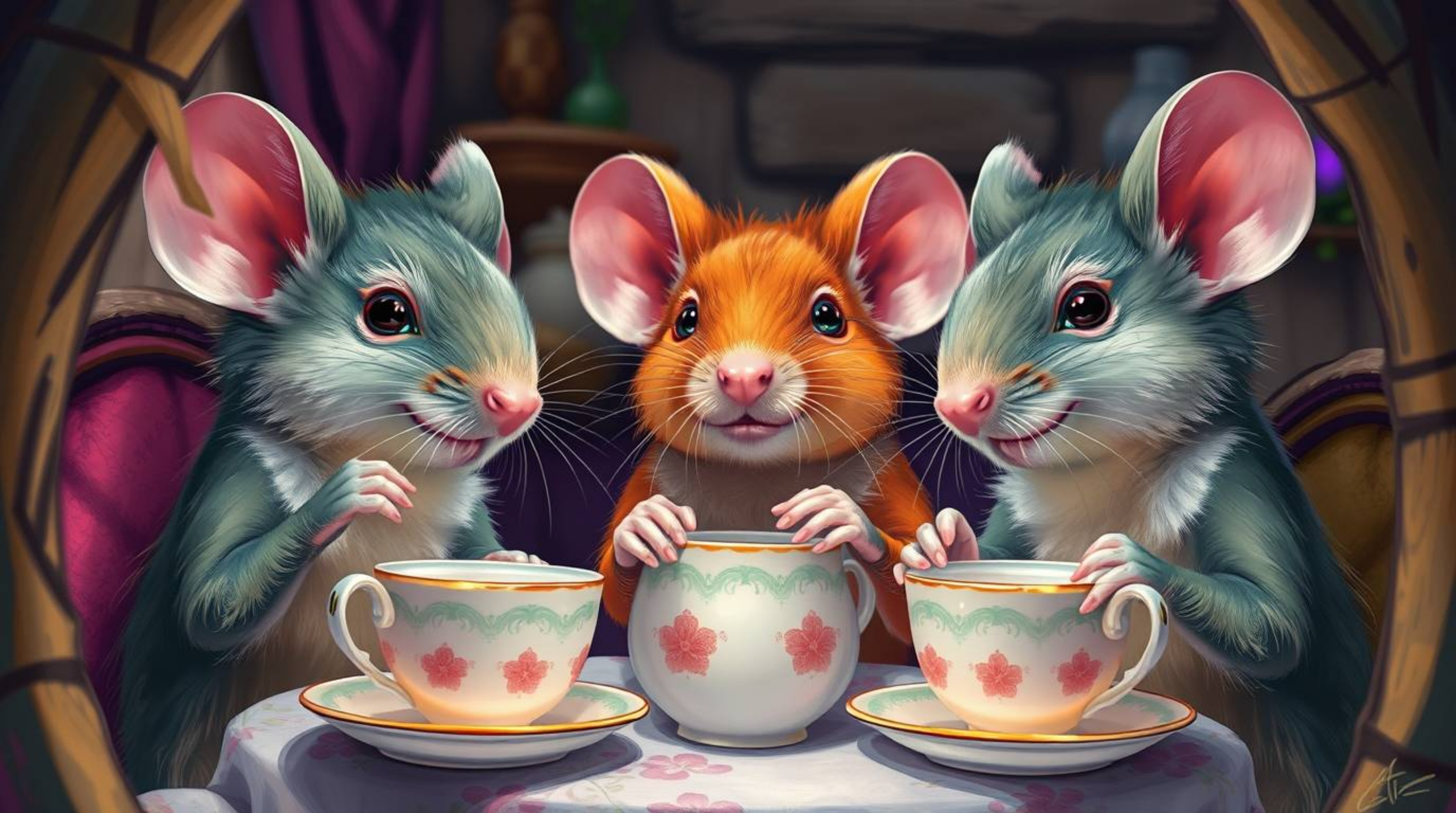 A vibrant digital painting capturing a whimsical scene of anthropomorphic mice enjoying an afternoon tea inside a cozy cottag