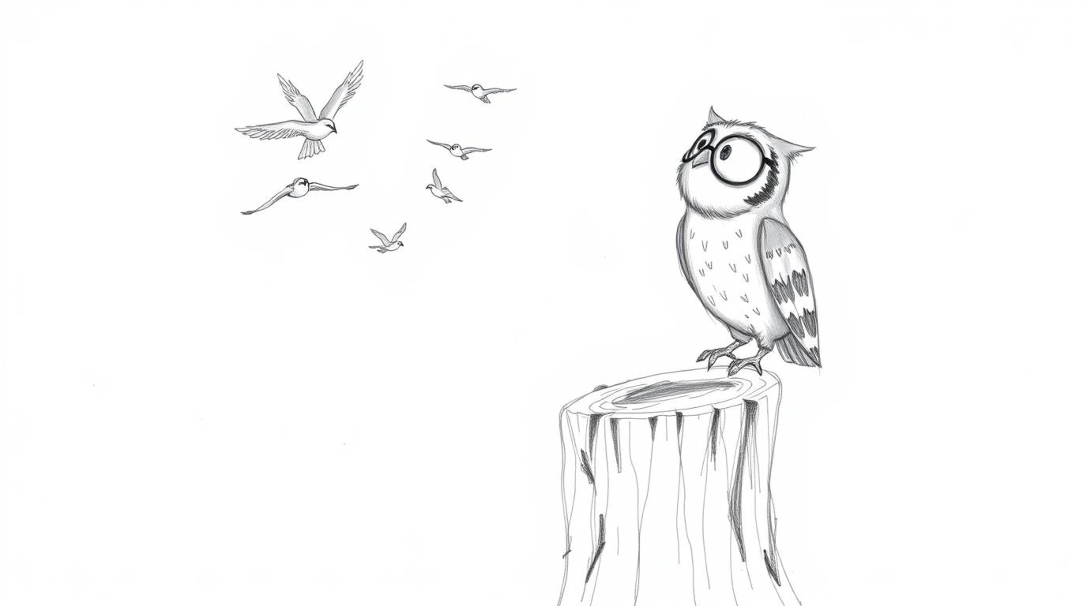 A heartwarming, hand-drawn sketch in the style of Pixar, showcasing a blind owl with a kind expression perched on a tree stum