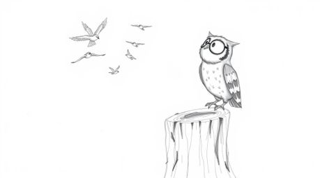 A heartwarming, hand-drawn sketch in the style of Pixar, showcasing a blind owl with a kind expression perched on a tree stum