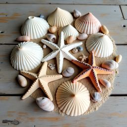 A rustic composition featuring ocean treasures arranged on a weathered driftwood table. Delicate seashells in pearly white, b