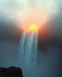 Thick fog envelops a dreamlike and surreal scene of a Sun setting behind a dramatic waterfall. The imagery is filled with fan