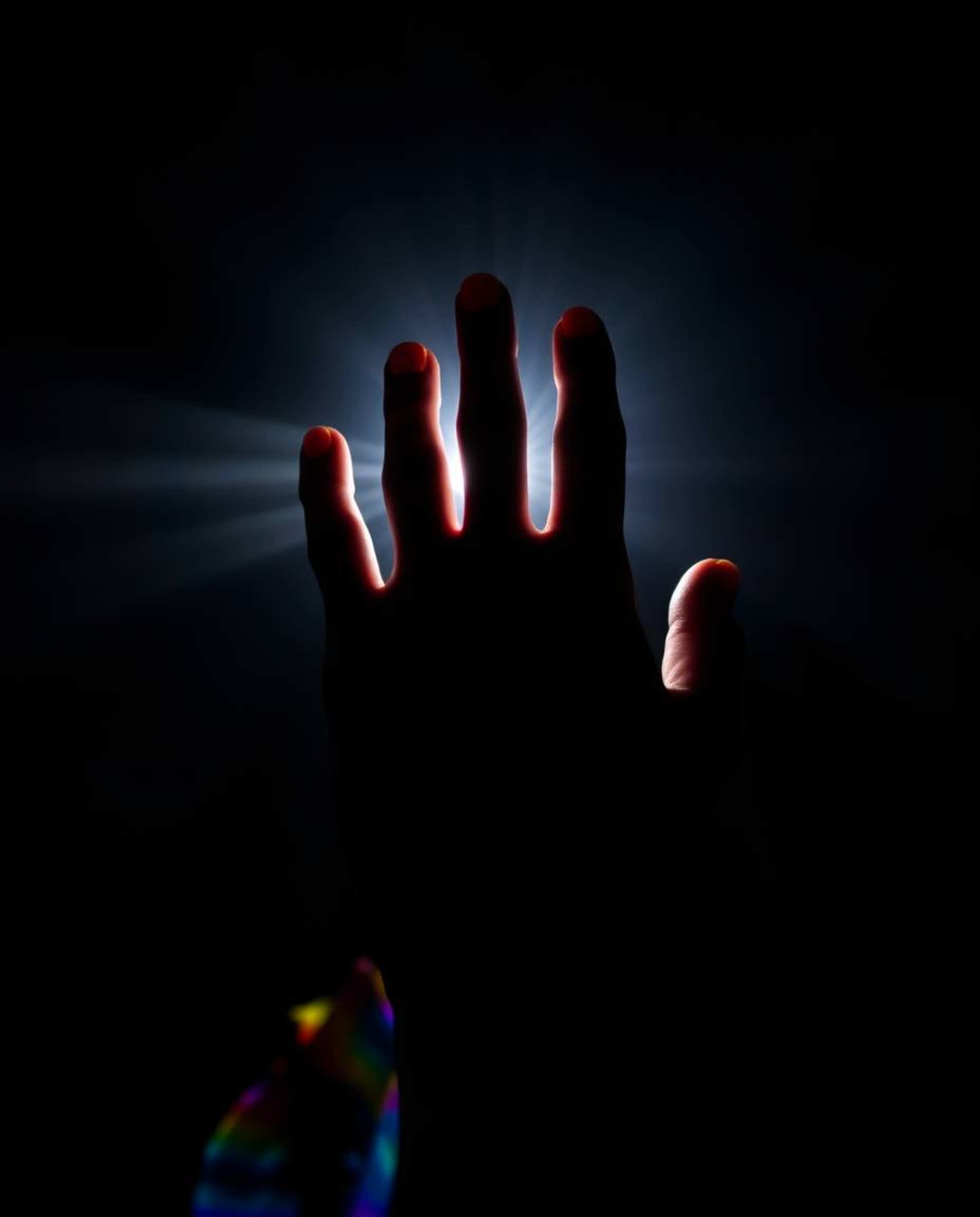 This high-resolution stock photo captures a dramatic scene of an iridescent hand reaching towards a source of light emerging 
