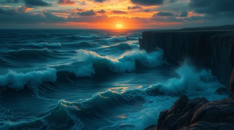 A captivating digital painting showcases the dramatic beauty of waves crashing against cliffs during a vibrant sunset.  The a