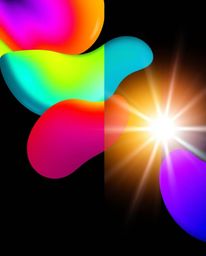 A vibrant and modern flat design featuring a distinct split bright lens flare is presented. Colorful 3D fluid shapes interact