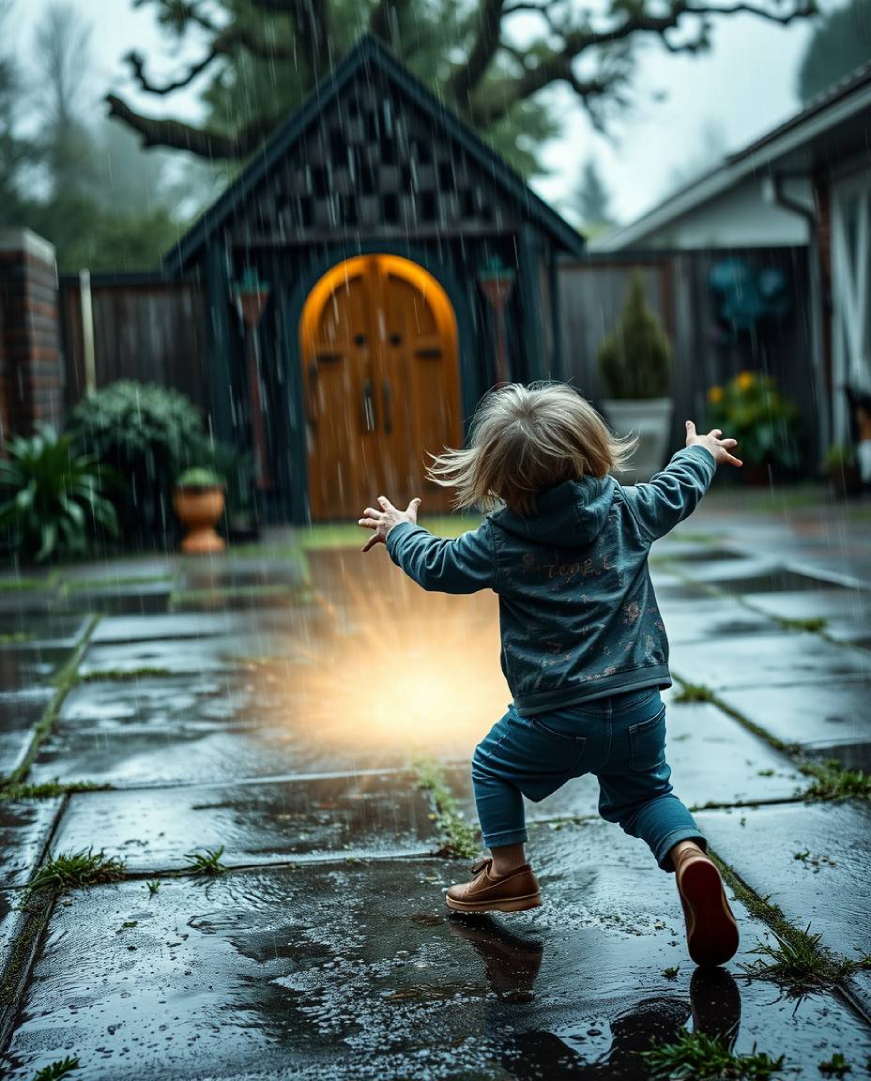 A captivating scene unfolds as a child stumbles upon a magical portal hidden within their rain-soaked backyard. Drizzling ra