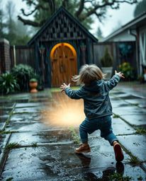 A captivating scene unfolds as a child stumbles upon a magical portal hidden within their rain-soaked backyard.  Drizzling ra