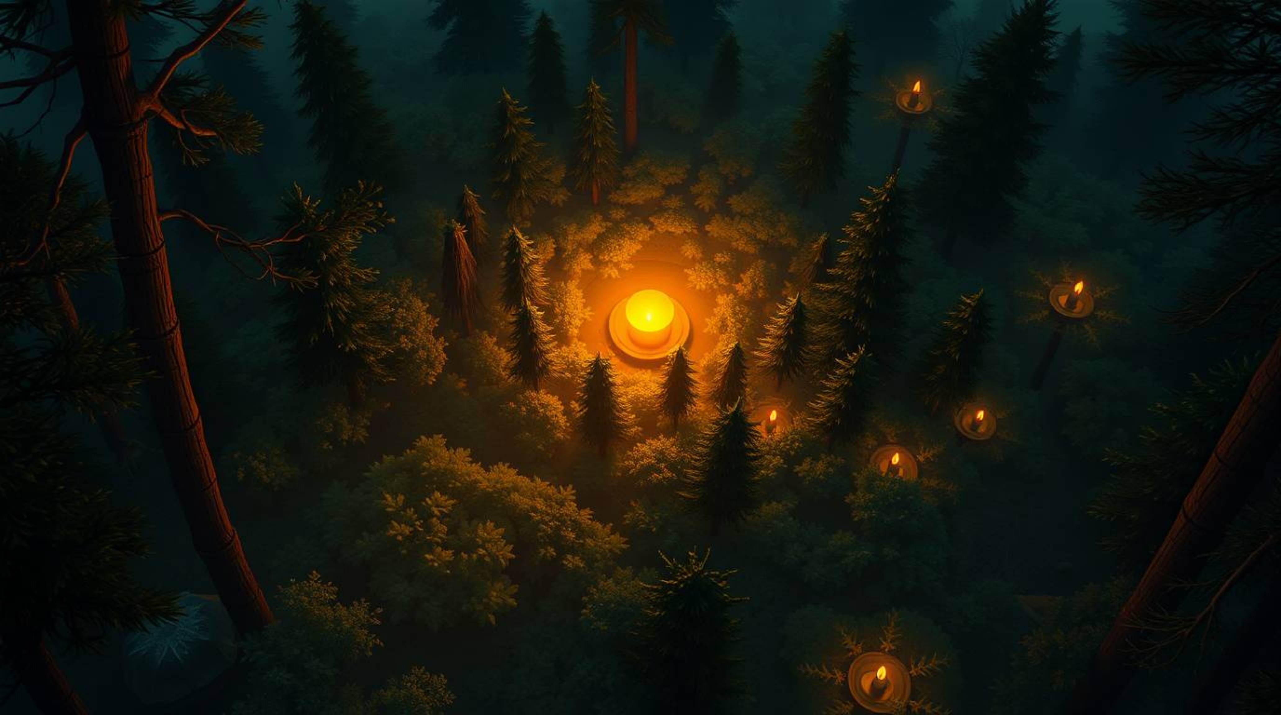 A captivating digital painting showcases a dense forest bathed in the warm glow of a setting sun, viewed from a unique bird's