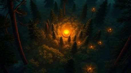 A captivating digital painting showcases a dense forest bathed in the warm glow of a setting sun, viewed from a unique bird's