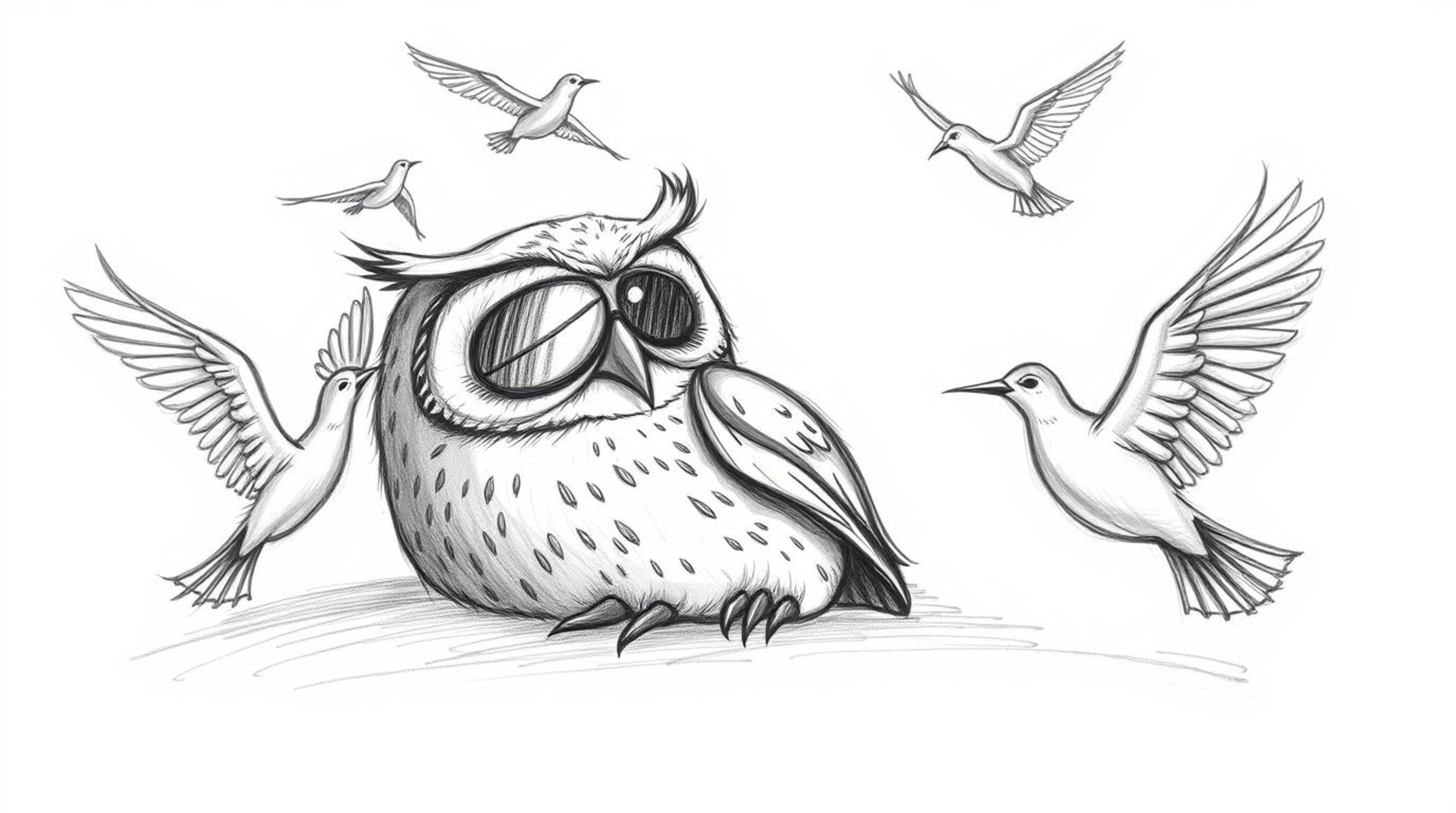 A hand-drawn sketch depicting a blind owl in Pixar style, characterized by a serene expression. The owl rests peacefully whil