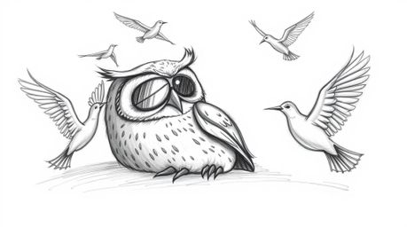 A hand-drawn sketch depicting a blind owl in Pixar style, characterized by a serene expression. The owl rests peacefully whil