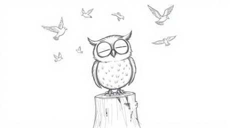 A heartwarming hand-drawn sketch, reminiscent of Pixar's charm, depicts a blind owl with strikingly expressive eyes radiating