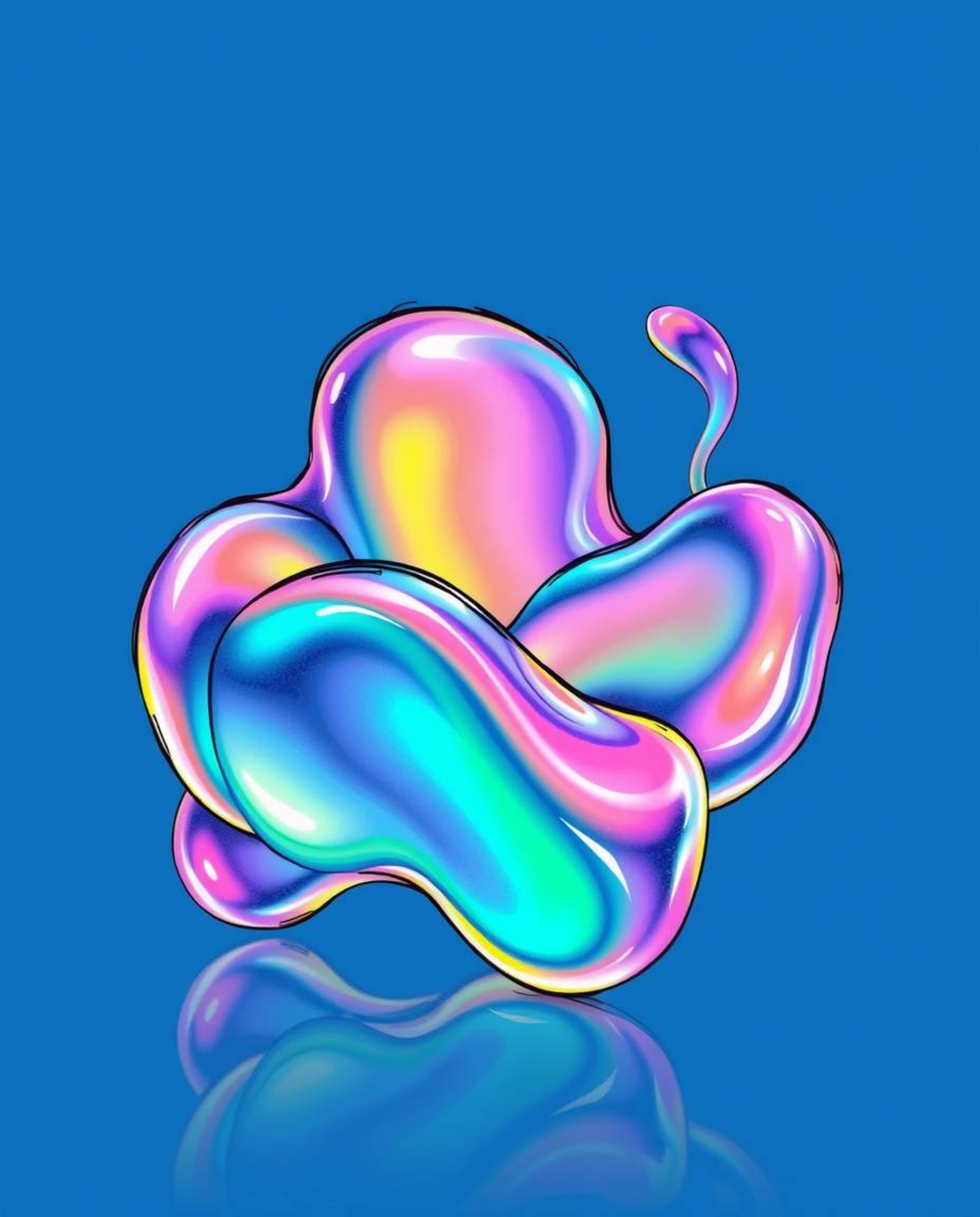 A hand-drawn sketch showcasing iridescent colors gracefully layered over futuristic 3D fluid shapes. Glowing edges illuminate