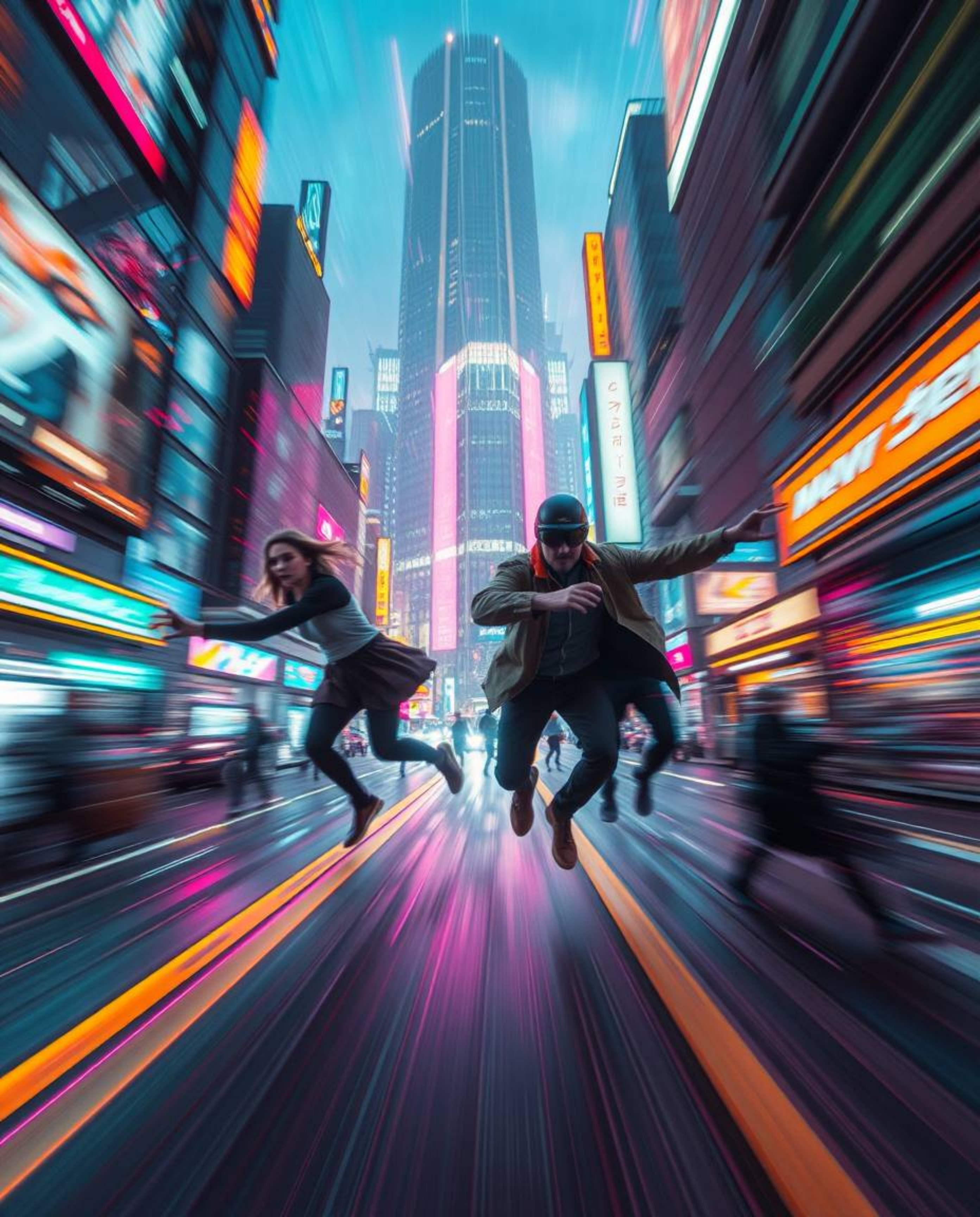 Immerse yourself in a dynamic cyberpunk world where action poses are captured with vibrant motion blur. This futuristic citys