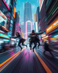 Immerse yourself in a dynamic cyberpunk world where action poses are captured with vibrant motion blur. This futuristic citys