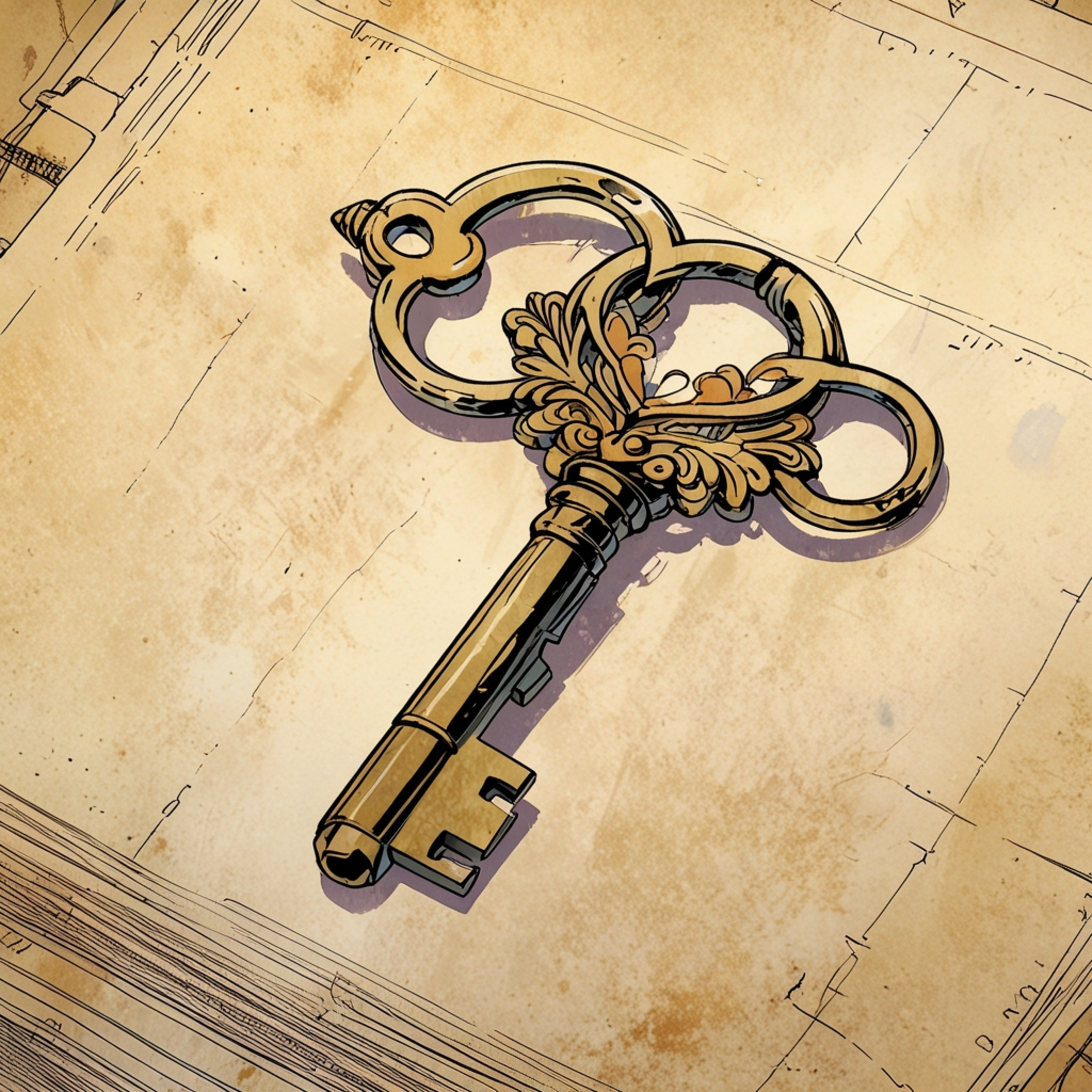 This image showcases a detailed view of an ornate brass key, elegantly resting on a piece of aged parchment paper. The compos