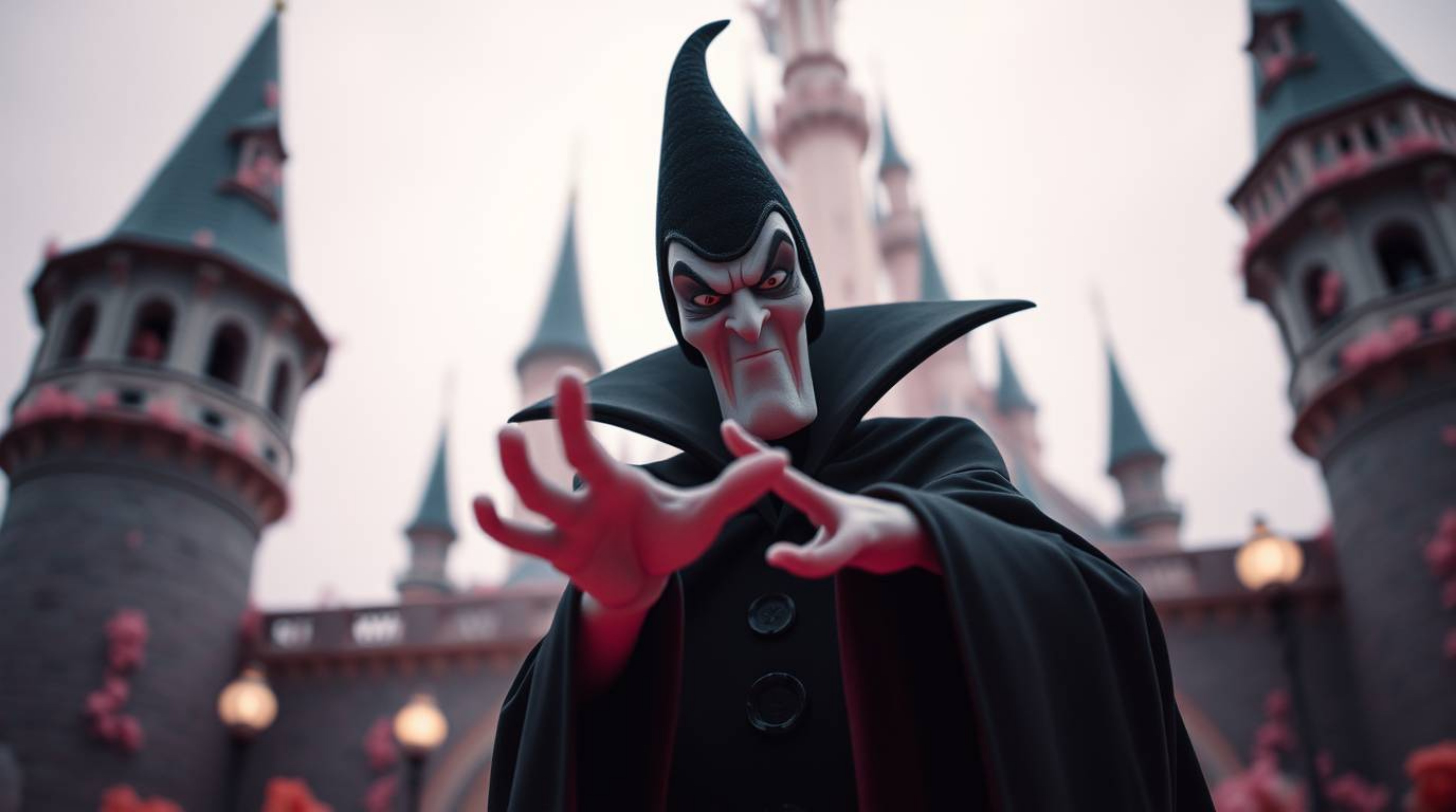 A captivating surreal infrared image depicts a classic Disney villain casting a spell within a blurry, bokeh-filled castle.