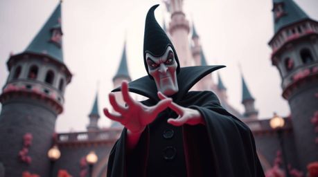 A captivating surreal infrared image depicts a classic Disney villain casting a spell within a blurry, bokeh-filled castle.  