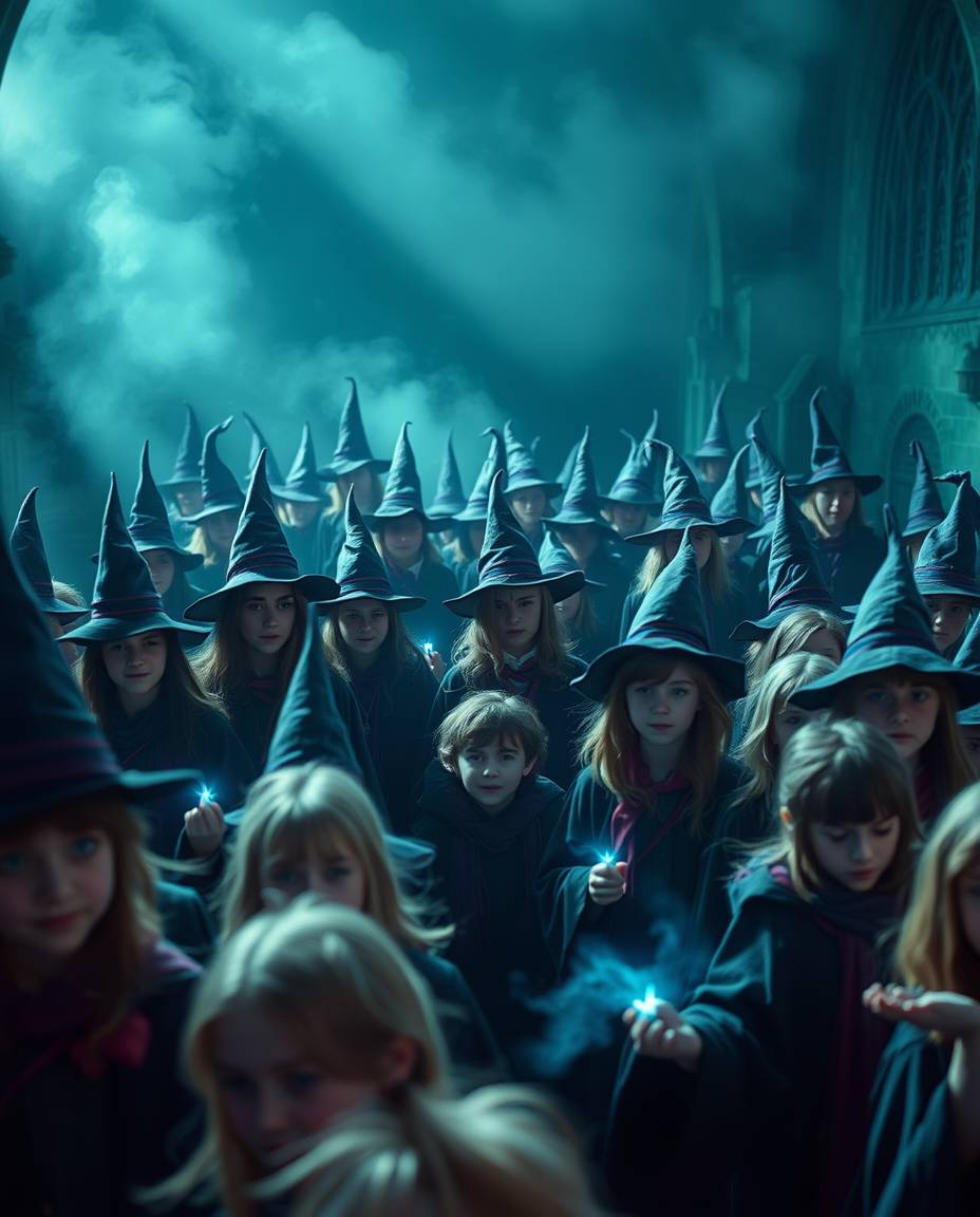 A captivating cinematic image depicts a magical school brimming with young wizards. Rendered with a soft focus and hazy back