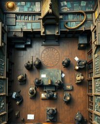 Experience a captivating overhead bird's-eye view of a magical school teeming with young wizards, rendered in a stunning cast