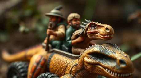 An extreme macro close-up photograph showcasing a prehistoric family joyriding in a dinosaur car, with a focus on capturing t