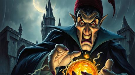 A captivating oil painting depicts a classic Disney villain casting a sinister spell within the walls of an ancient castle.  