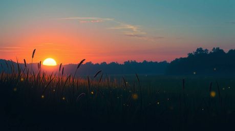 A captivating digital painting showcases a serene sunset over a quiet meadow.  Silhouetted figures are subtly illuminated by 
