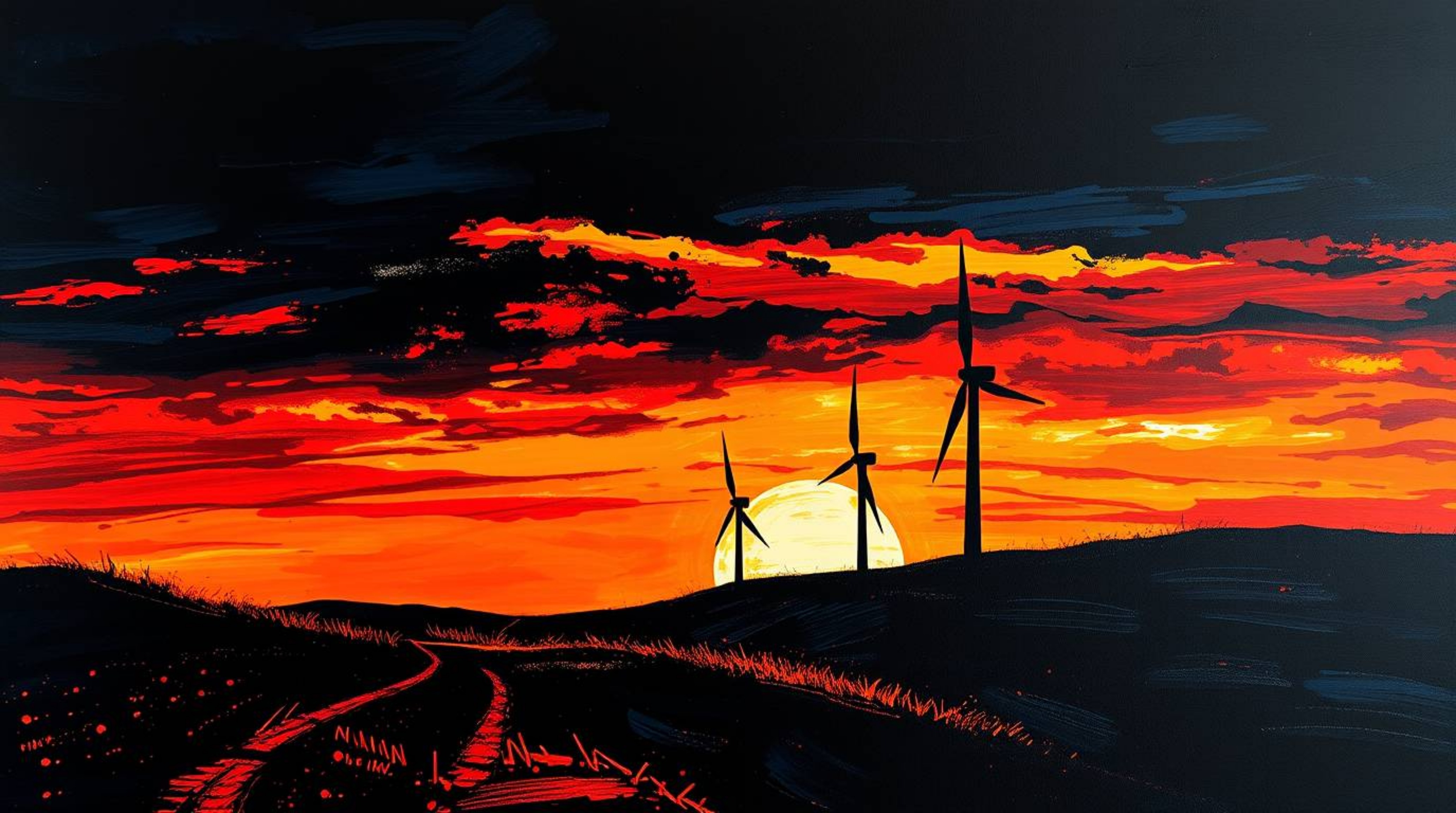 This bold acrylic painting captures a stunning sunset scene behind a row of wind turbines atop a hill. Rendered in intense je