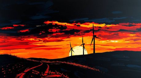 This bold acrylic painting captures a stunning sunset scene behind a row of wind turbines atop a hill. Rendered in intense je