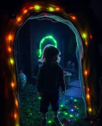 A child stumbles upon a magical, glowing portal in their dark backyard, filled with eerie yet vibrant bioluminescent colors.