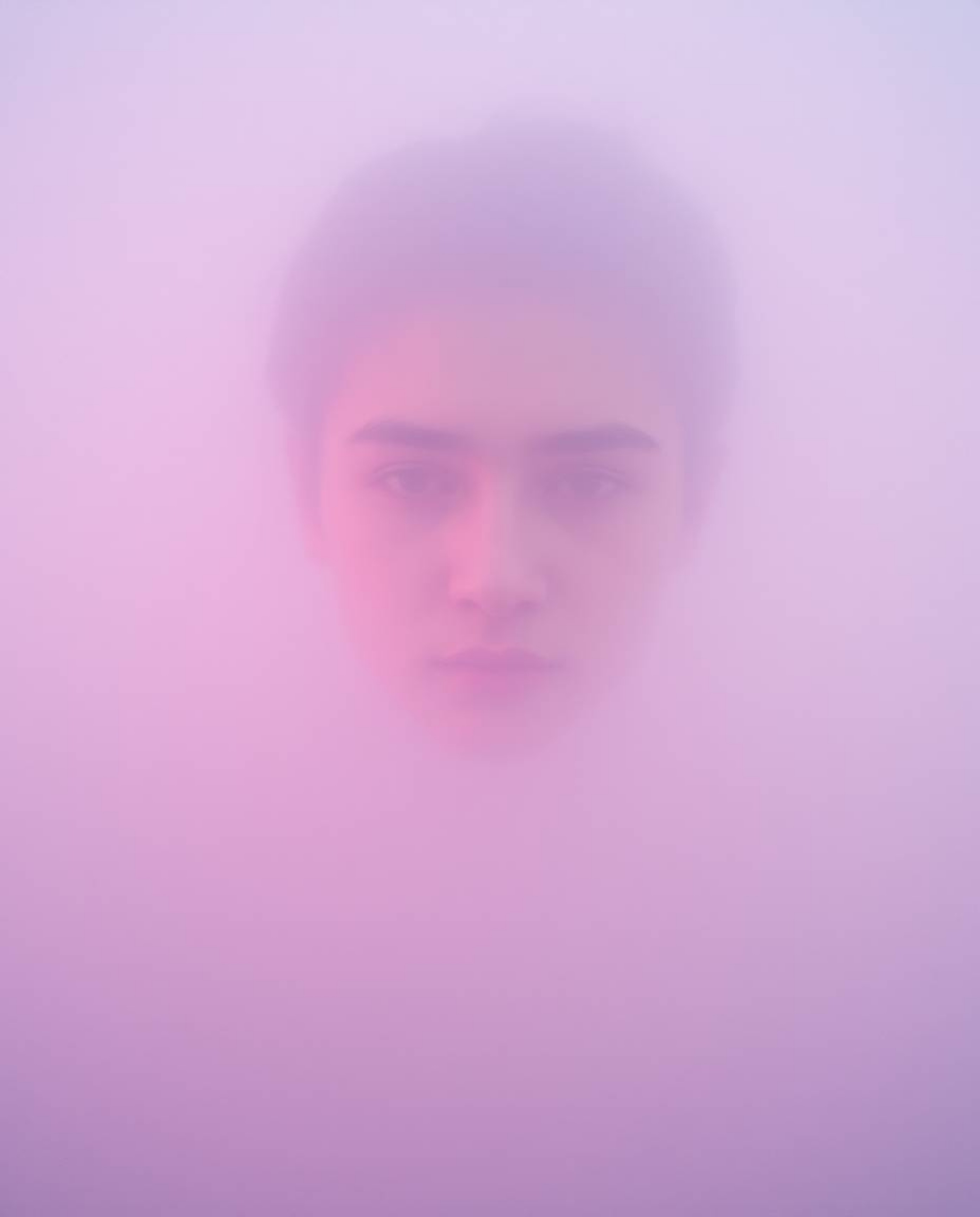 A captivating digital glitch art portrait rendered in surreal infrared tones.  The image features a thick fog, creating a low