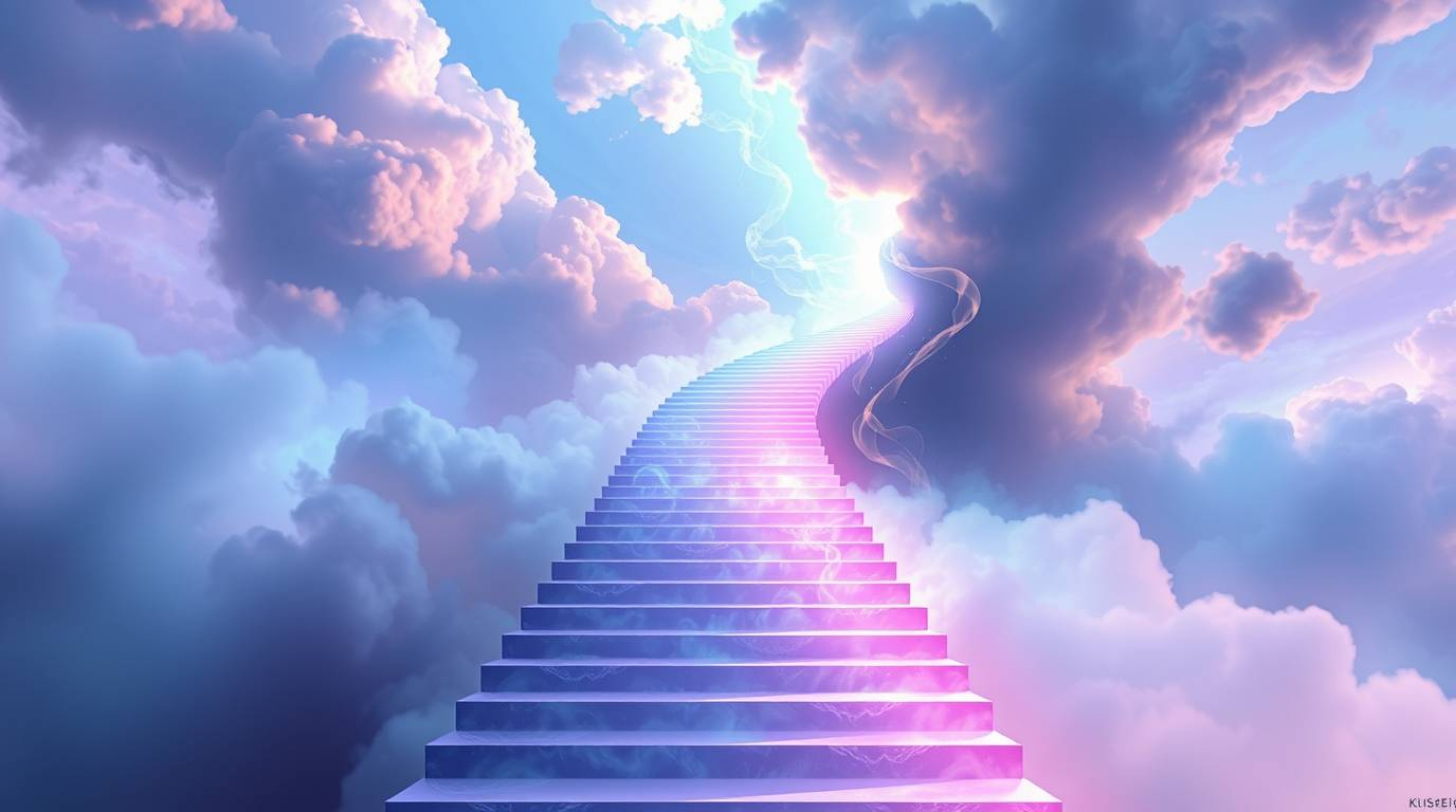 A captivating digital painting depicts a winding stairway composed of smoke and light, ascending into a vast, cloudy sky.  Th