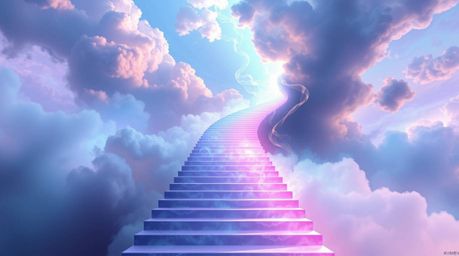 A captivating digital painting depicts a winding stairway composed of smoke and light, ascending into a vast, cloudy sky.  Th