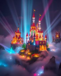 Explore a vibrant and enchanting colorful kingdom filled with floating islands and majestic castles, illuminated by dramatic