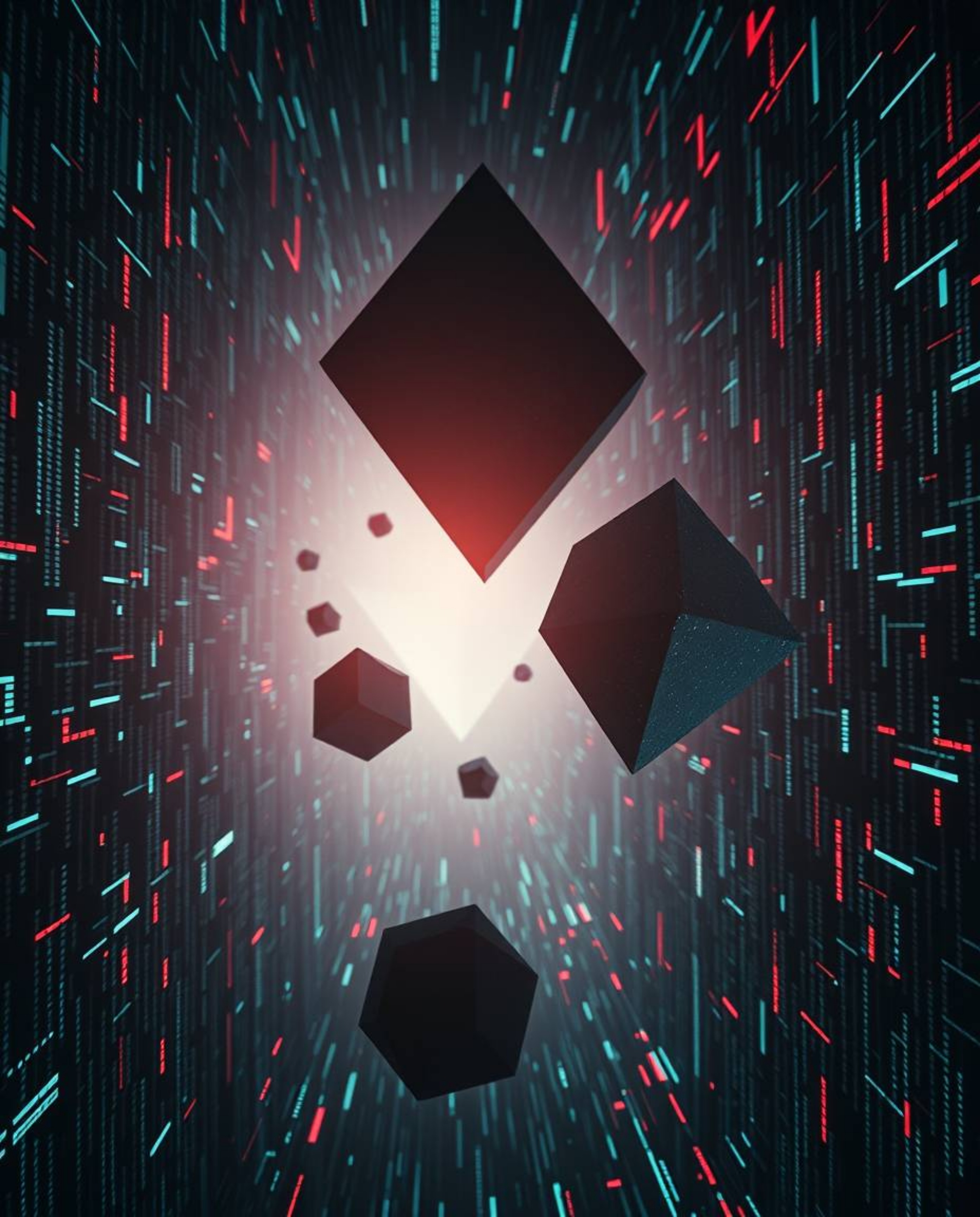 Experience a captivating cinematic scene featuring glitching geometric shapes floating within a vibrant cyberspace matrix.  T