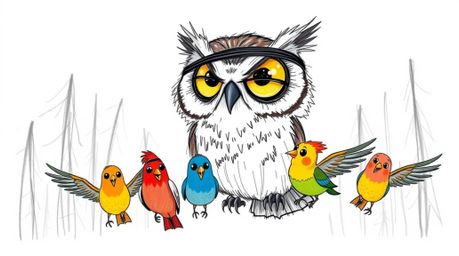 A heartwarming Pixar-style hand-drawn sketch depicts a blind owl with large, expressive eyes patiently teaching a flock of br