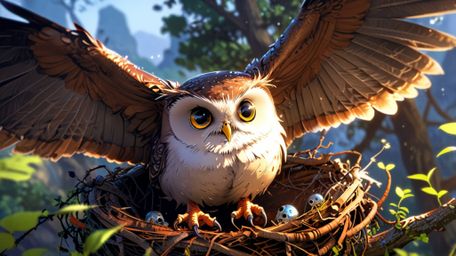 In a heartwarming scene crafted in the emotive Pixar style, a blind owl patiently stands at the edge of a nest. With a gentle