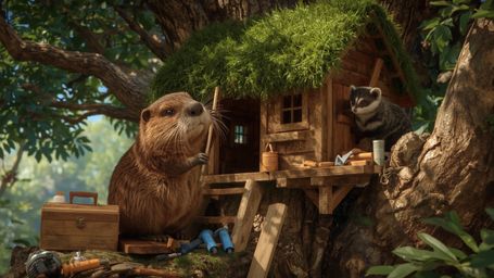 A highly detailed, high-resolution stock photo captures a diligent beaver, with a worn, wooden toolbox by its side, building 