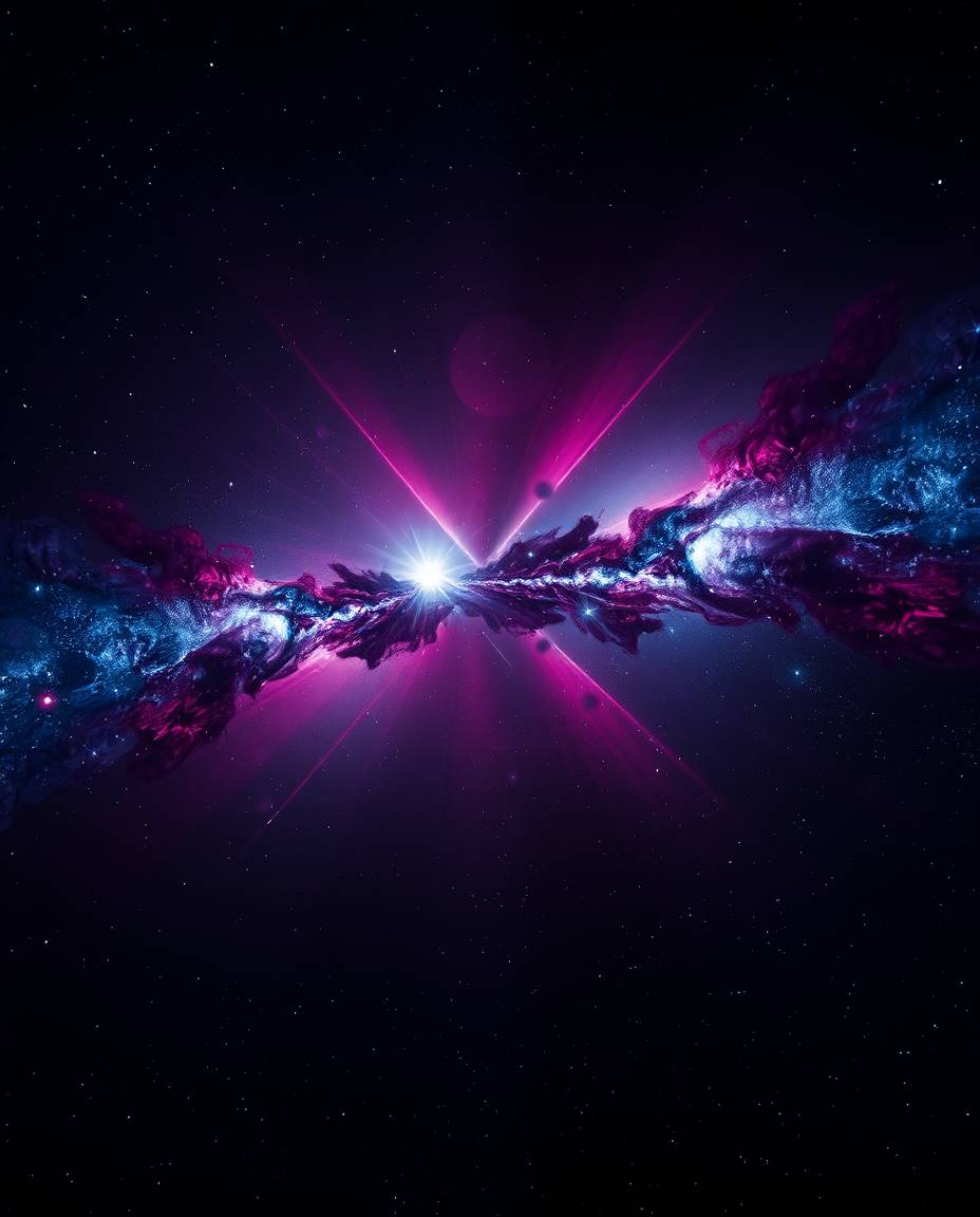 Experience the awe-inspiring beauty of colliding galaxies in a cosmic explosion of rich burgundy and deep blue hues. Captured