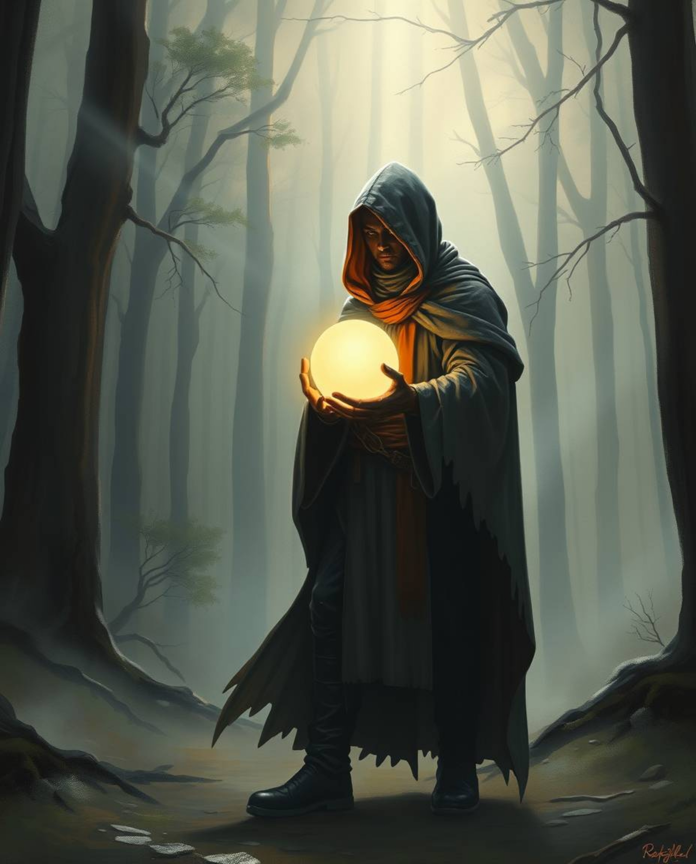 A mysterious cloaked figure stands in a misty forest, holding a glowing orb with an epic and heroic presence. The scene blend