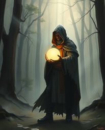 A mysterious cloaked figure stands in a misty forest, holding a glowing orb with an epic and heroic presence. The scene blend