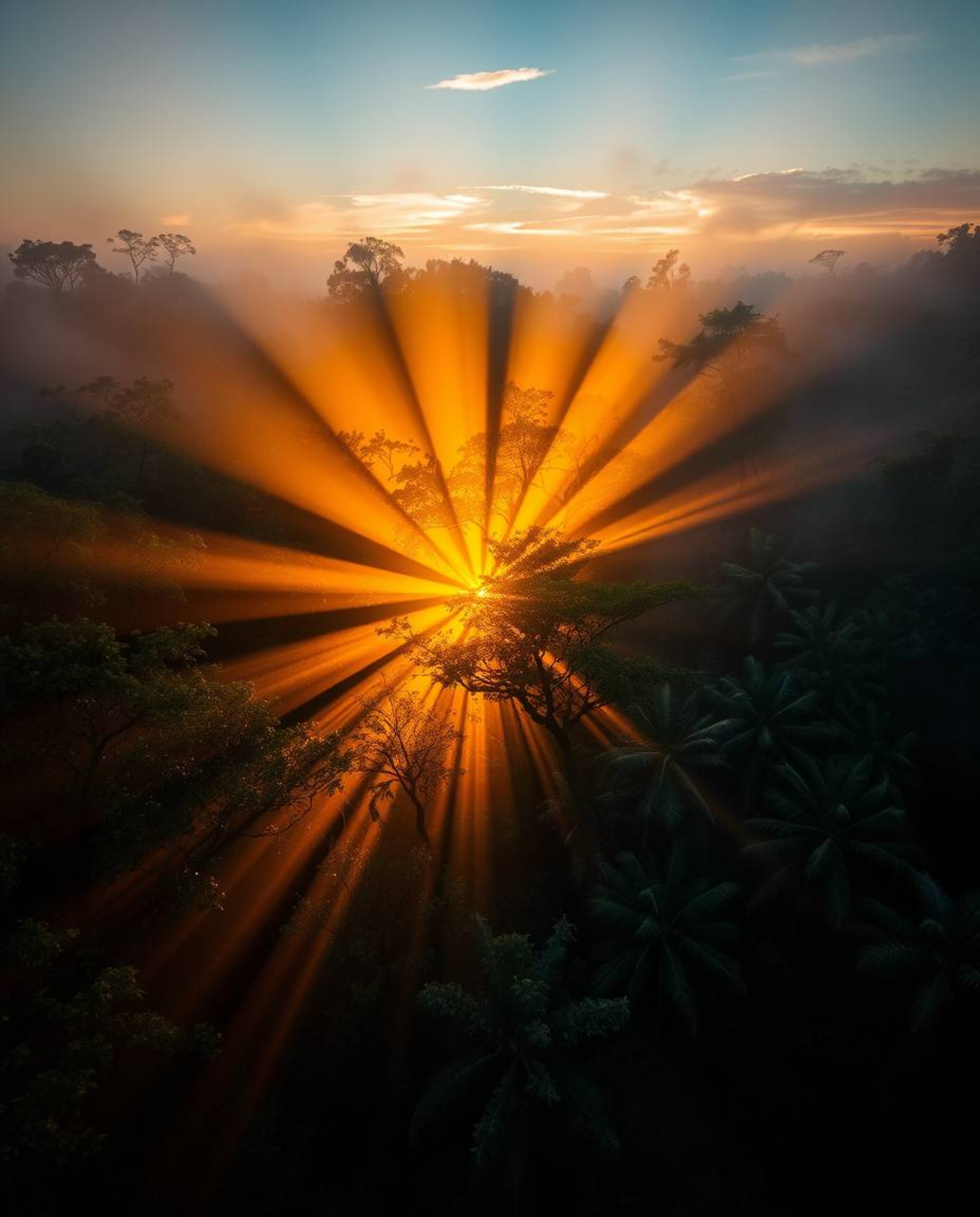 A breathtaking long-exposure photograph captured from a bird's eye view, showcasing a sunset penetrating through a dense jung