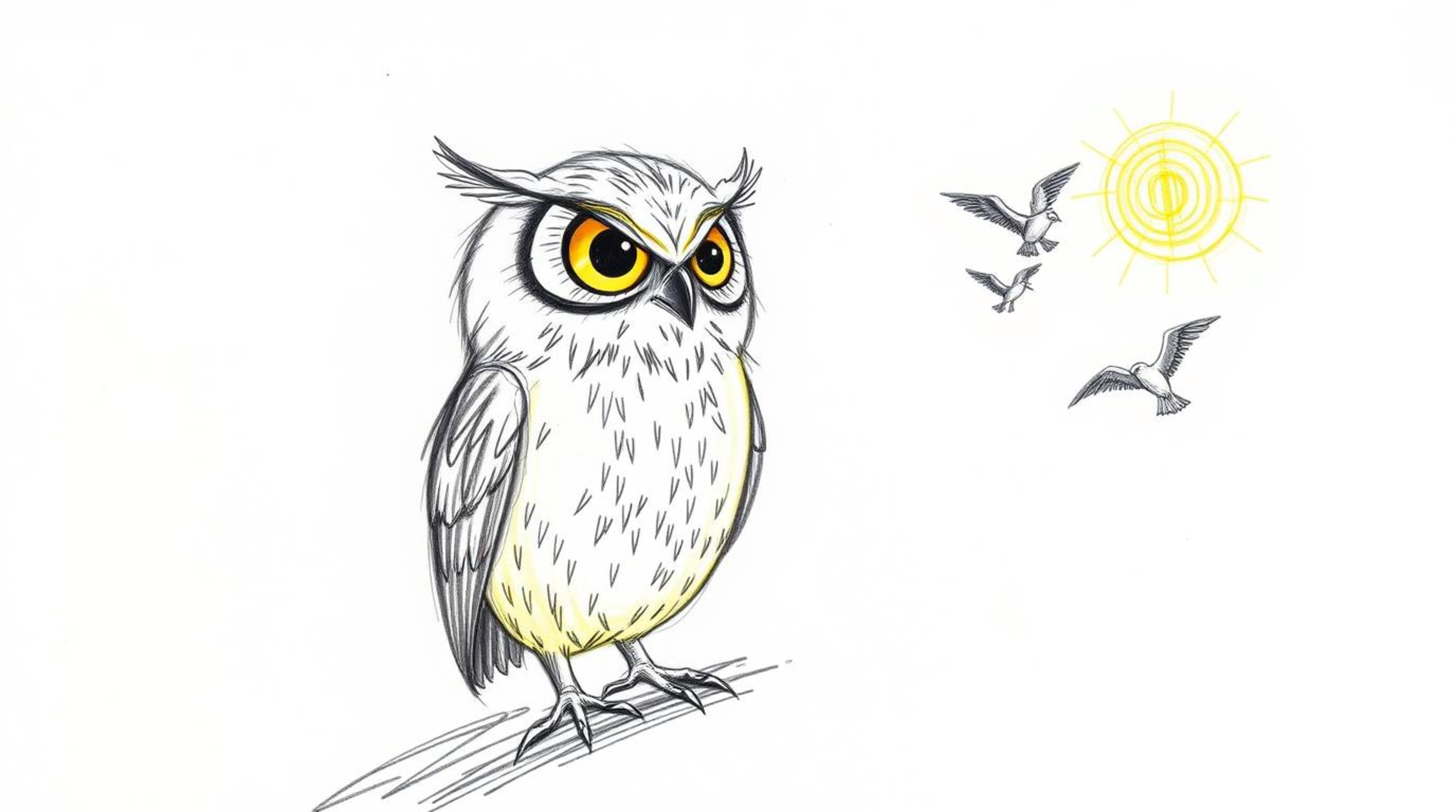 A heartwarming hand-drawn sketch in Pixar style depicts a blind owl with radiant, glowing feathers, bathed in the warm light 