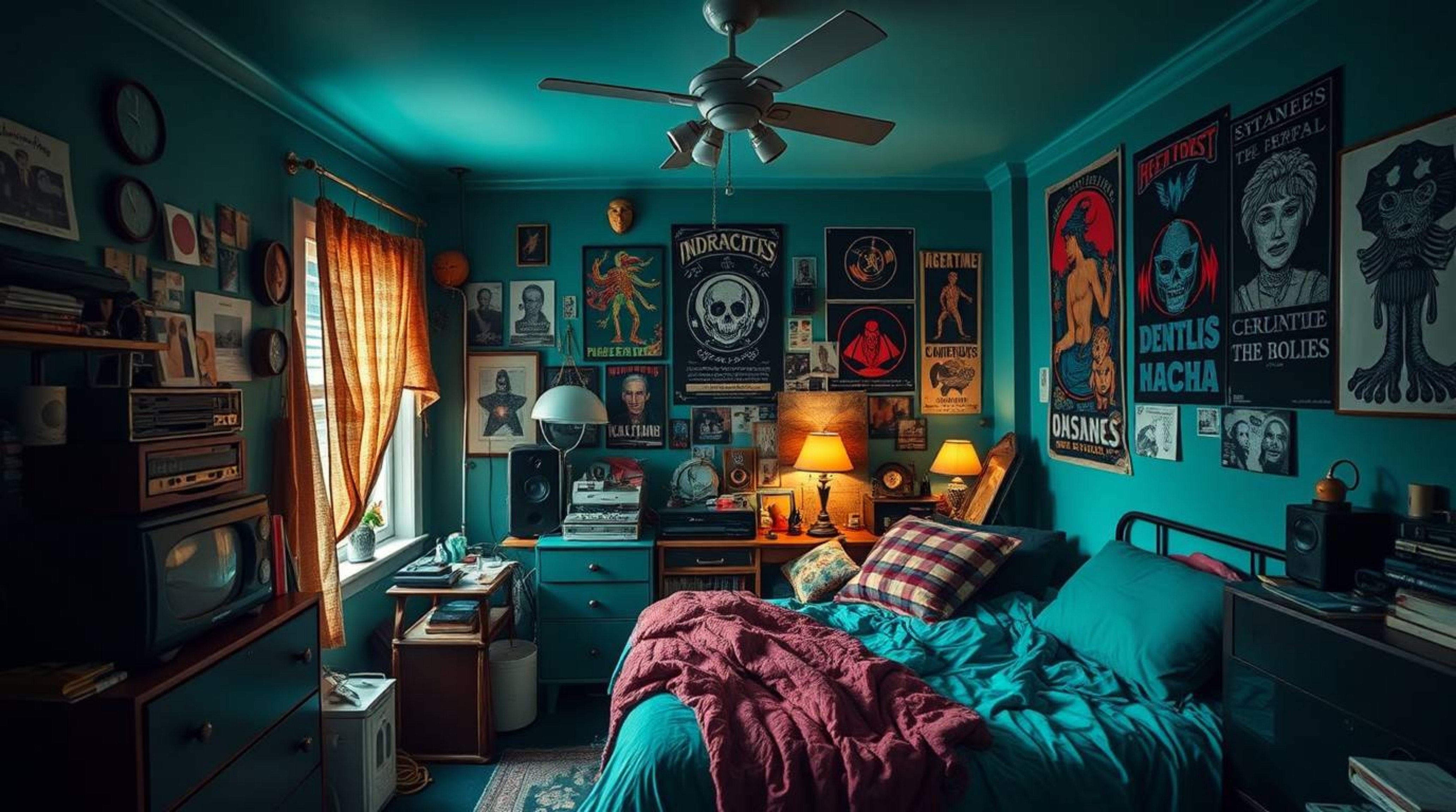 Discover a captivating deep teal messy bedroom aesthetic.  This unique space blends weird gadgets and mystical posters to cre