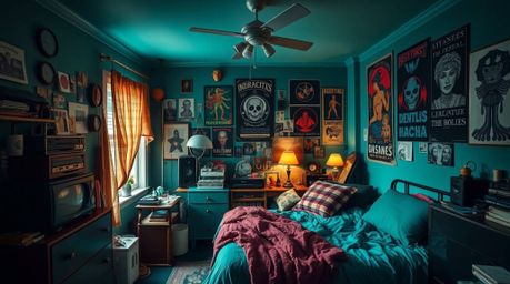 Discover a captivating deep teal messy bedroom aesthetic.  This unique space blends weird gadgets and mystical posters to cre