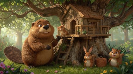 A highly detailed, high-resolution stock photo of an anthropomorphized beaver with a kind face and expressive eyes, busily bu