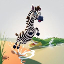 A vibrant 3D cartoon scene featuring a zebra startled by a crocodile. The image employs strong, hard light and a modern flat 
