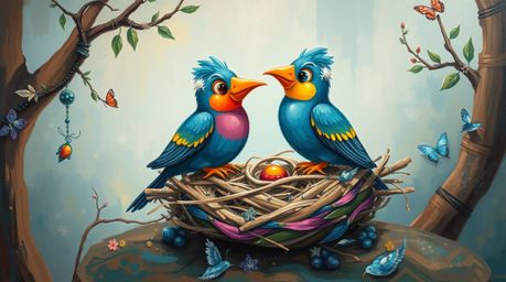 This bold acrylic painting features two cartoon birds in a classic animation style, diligently building a nest within a mysti