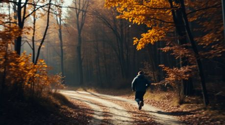 A thrilling chase scene unfolds through a captivating looping forest background, drenched in warm autumn hues.  Contrasting c