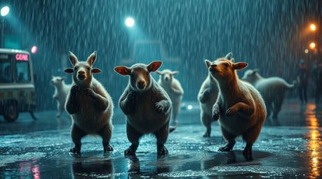 Experience a vibrant animal dance party bathed in the glow of disco lights, amidst a mesmerizing wet rainy scene.  The drizzl