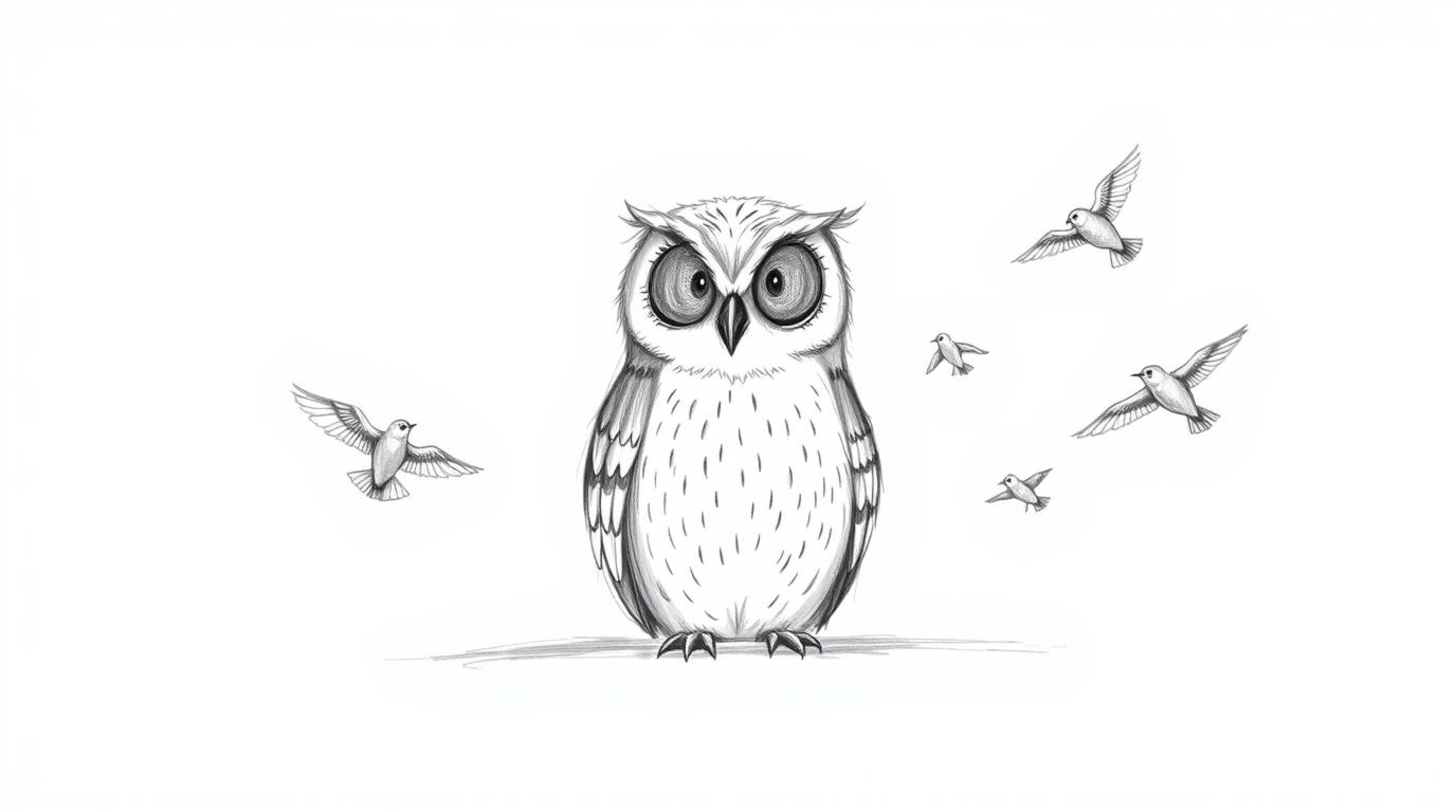 A heartwarming hand-drawn sketch reminiscent of Pixar, depicts a gentle, blind owl with fluffy feathers patiently teaching yo